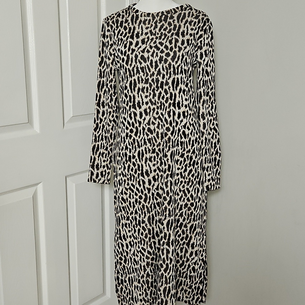 LOFT Petite Leopard Animal Print Long Sleeve Midi Sweater Dress MP Medium P - Picture 2 of 9